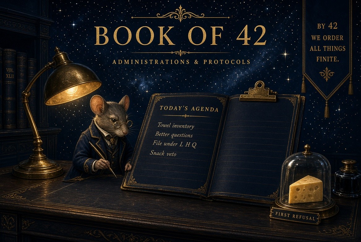 Mouse clerk with gold spectacles writing Today’s Agenda · towel inventory · better questions · file under L H Q · snack veto · cheese first refusal
