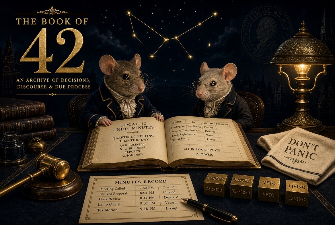 Two mice over Local 42 Union Minutes ledger · gavel · stamps Carried Deferred Veto Living · Don’t Panic towel · constellation above
