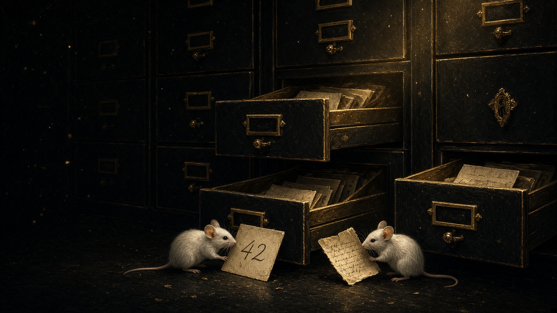 Two white mice carrying index cards into gold-edged archive drawers.