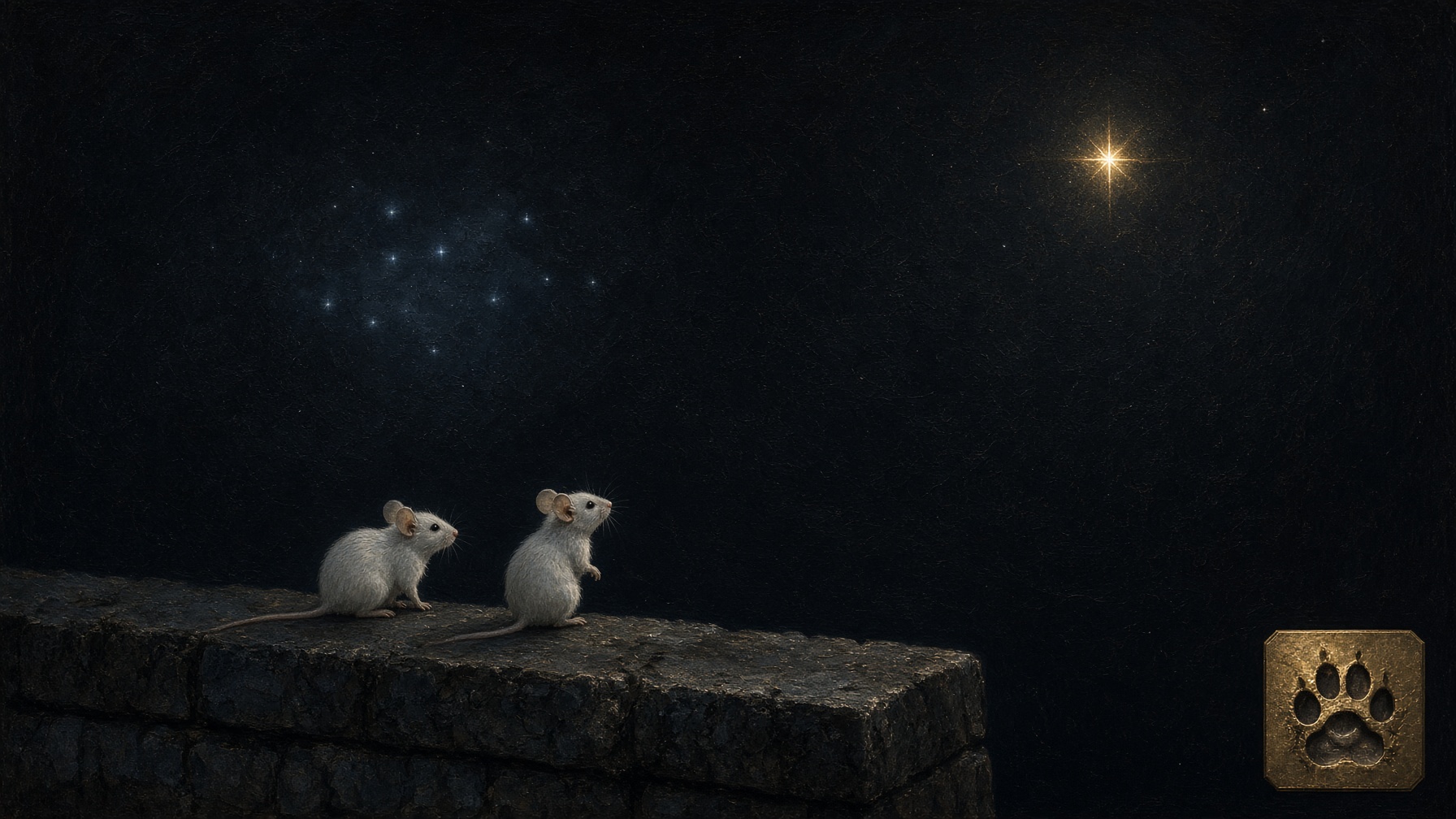 Two white mice under a night cluster. One stares at the bright star. The other looks slightly aside.