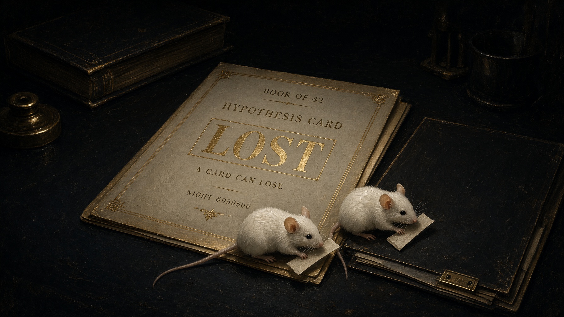 Two white mice filing a gold card stamped Lost.