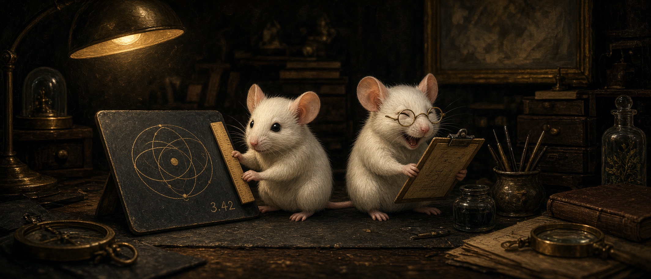 Two tiny mice at a night desk. A slate reads 3.42. One holds a ridiculous ruler to a gold orbit. The other is laughing.