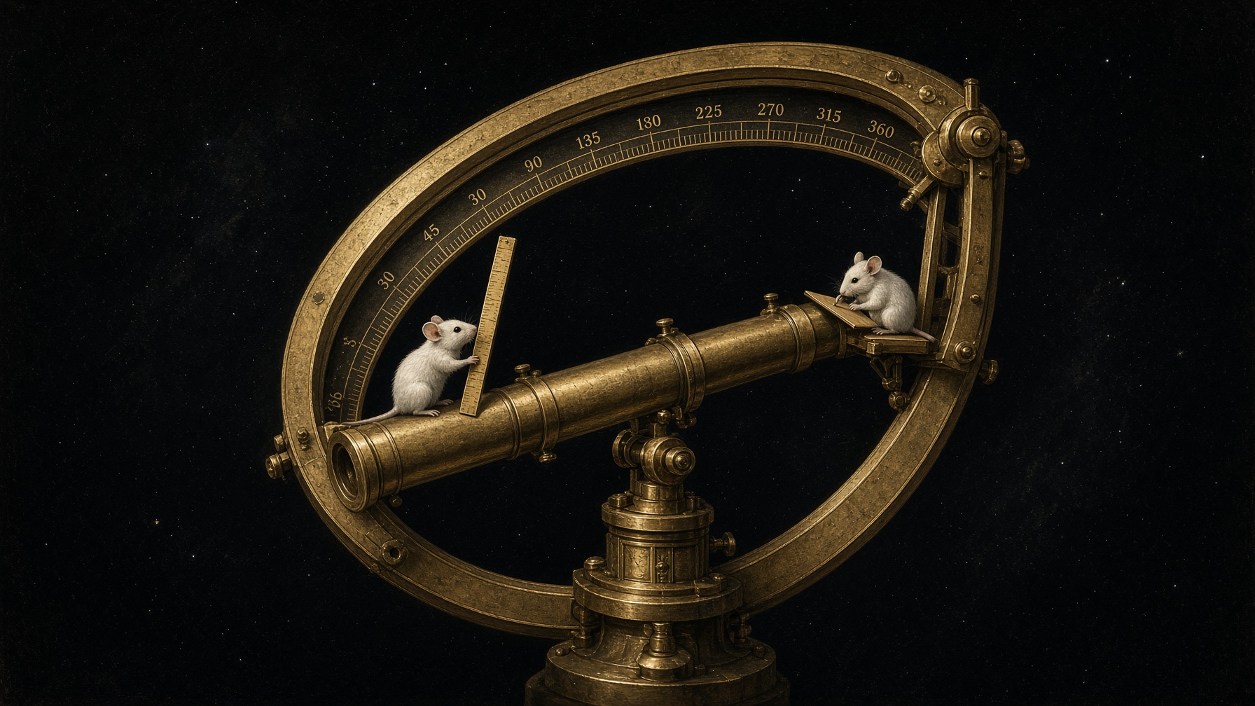 Two tiny white mice on a vast gold celestial instrument. One holds a ruler to the arc.