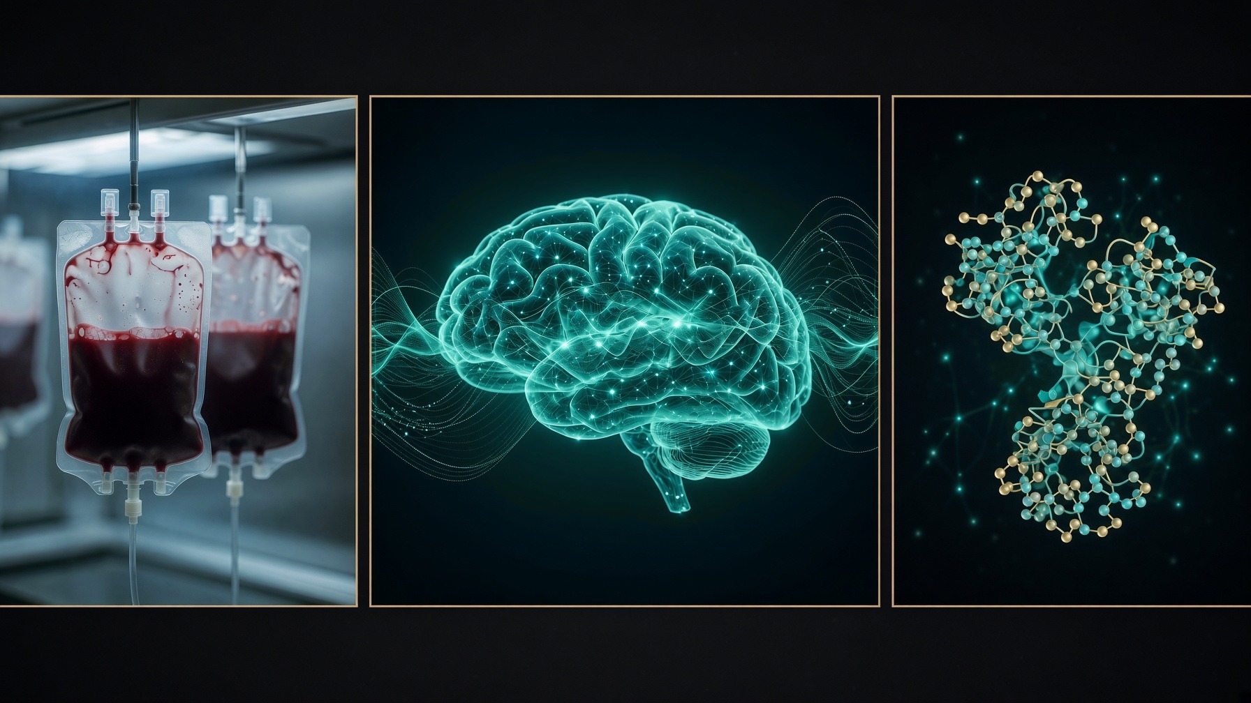 Triptych: blood storage bags · luminous neural field · molecular structure on night