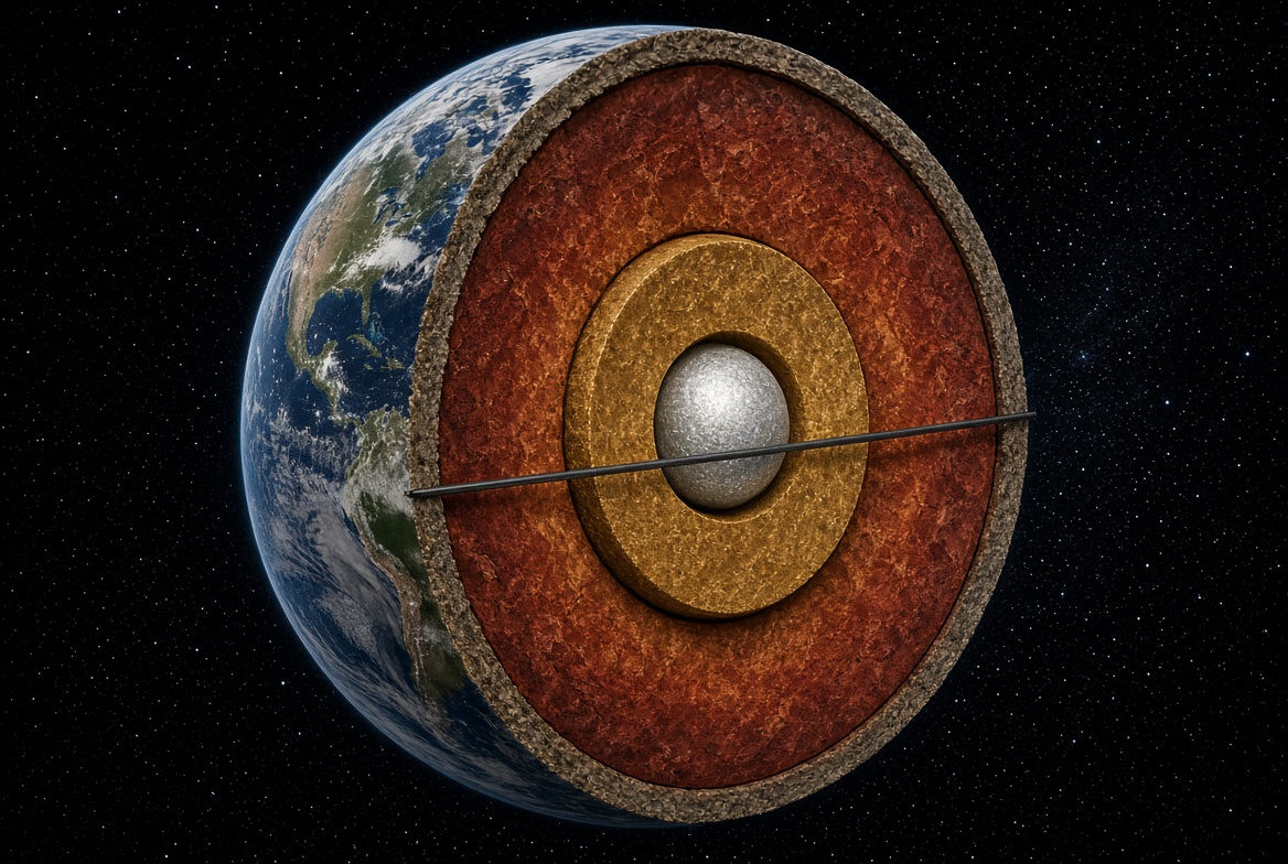 Earth cutaway with crust mantle core and a straight gravity tunnel chord