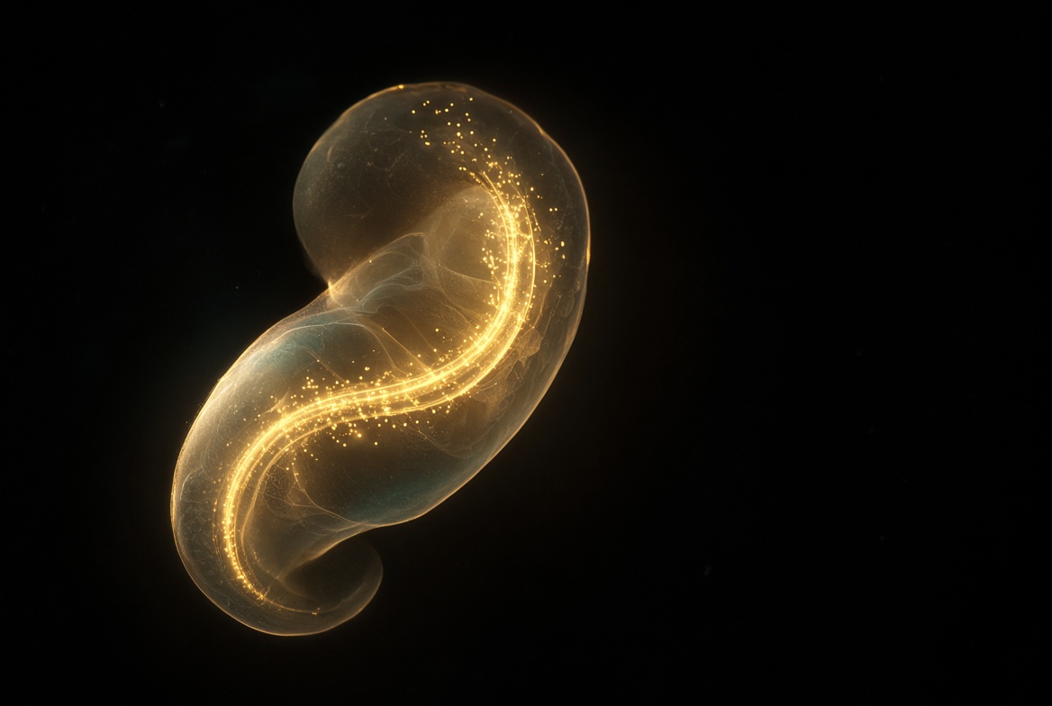 Scientific illustration of early human embryo form with luminous neural tube as gold sparks on night field · no labels