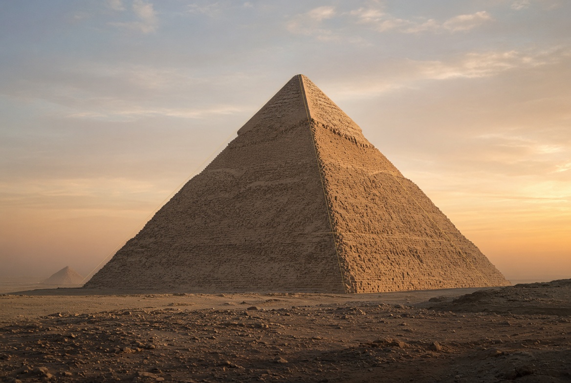 Great Pyramid at dawn with restrained face and edge geometry lines