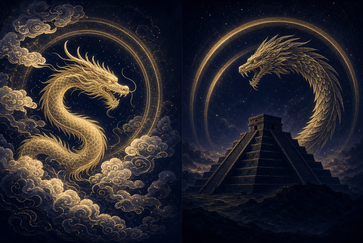 Comparative gold seal · Chinese cloud-dragon and Mesoamerican temple under sky arcs