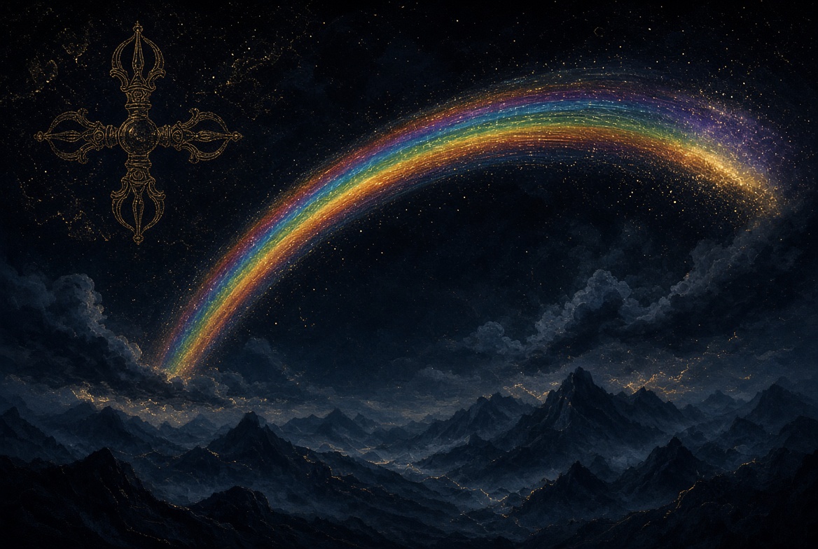 Indra’s bow · prismatic arc over mountains with gold vajra seal