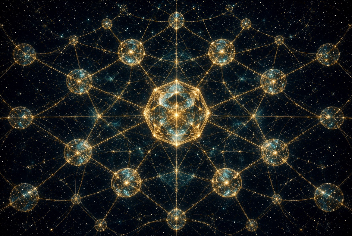Indra’s Net · luminous jewel lattice of mutual reflection on night field