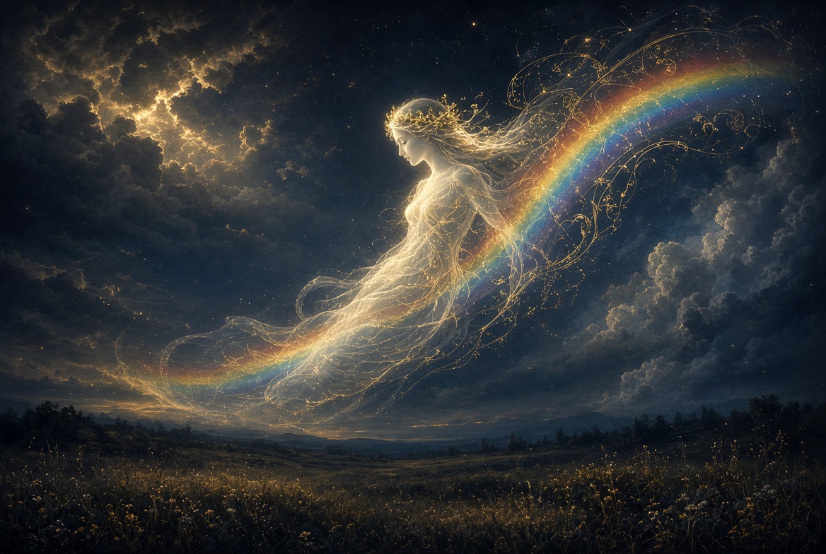 Iris as luminous messenger forming a rainbow arc over dark land