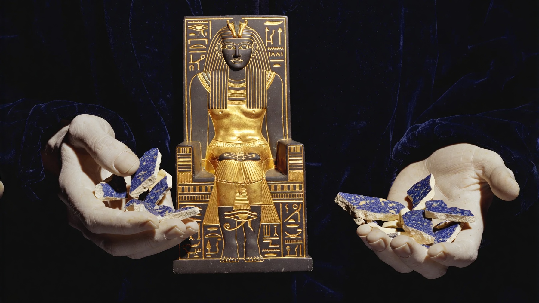 Isis Restorer · throne sign, Eye, hands gathering broken pieces · classical atmosphere
