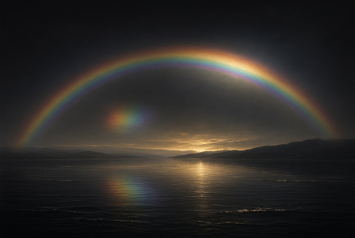 Covenant rainbow over still waters at dusk