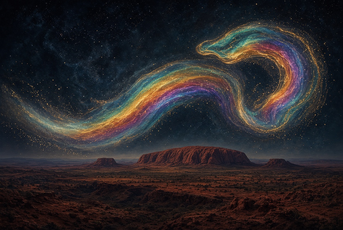 Abstract serpentine continuum of light over red earth under stars · atmosphere only