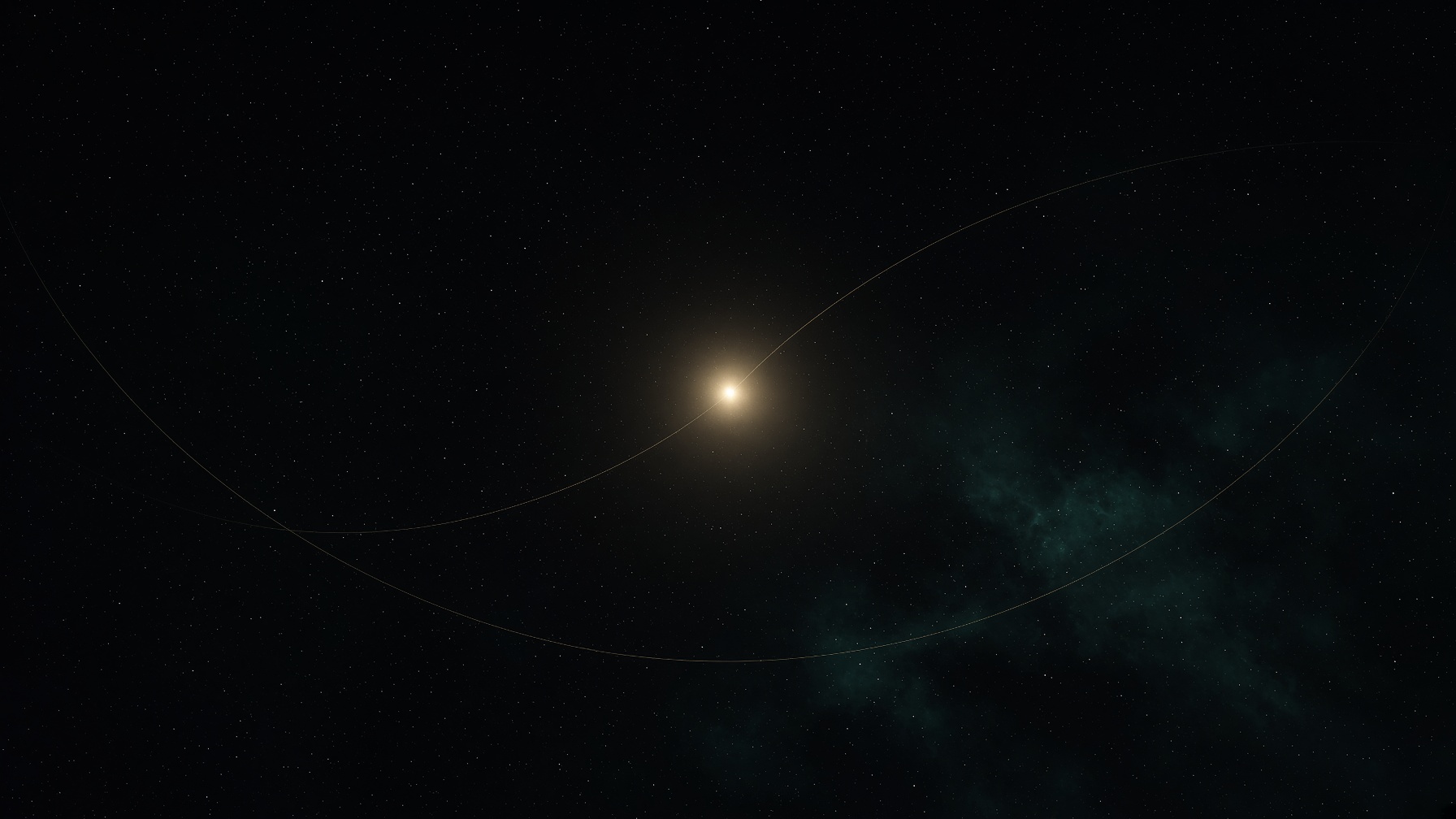 Night field: one champagne-gold star and two thin clock-arcs, a whisper of teal nebula, no clover, no numbers