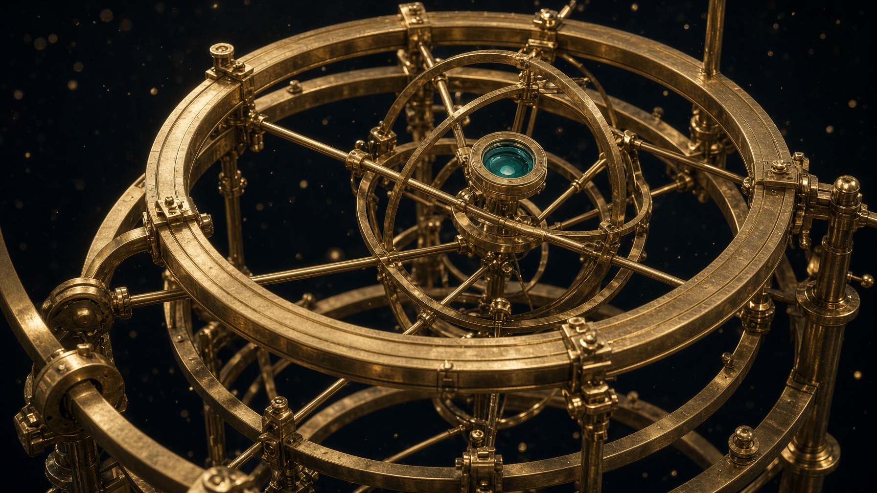 Unfinished gold lattice instrument suspended over a night field of gold dust. One teal aperture. A hypothesis still being tested.