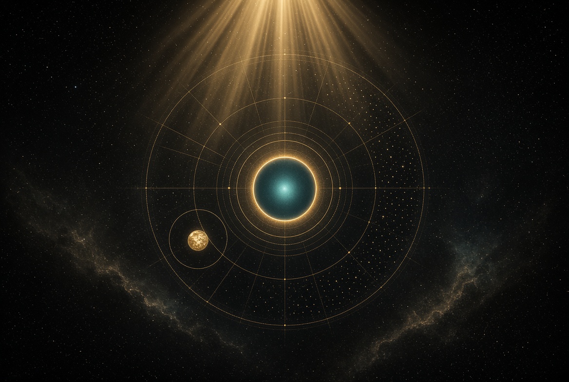 Earth, Sun, and distant stars on a deep night field · gold and teal · frames of reference