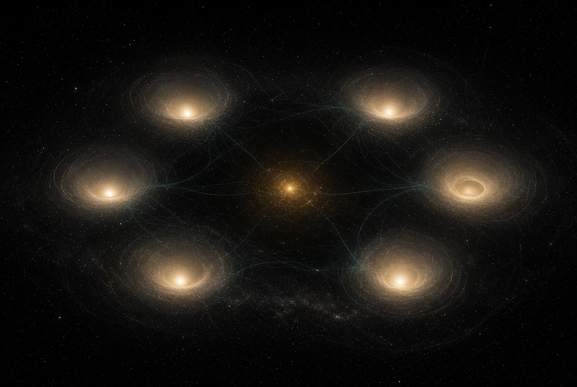 Six gold attractor basins in a recursive night field, teal filaments between them