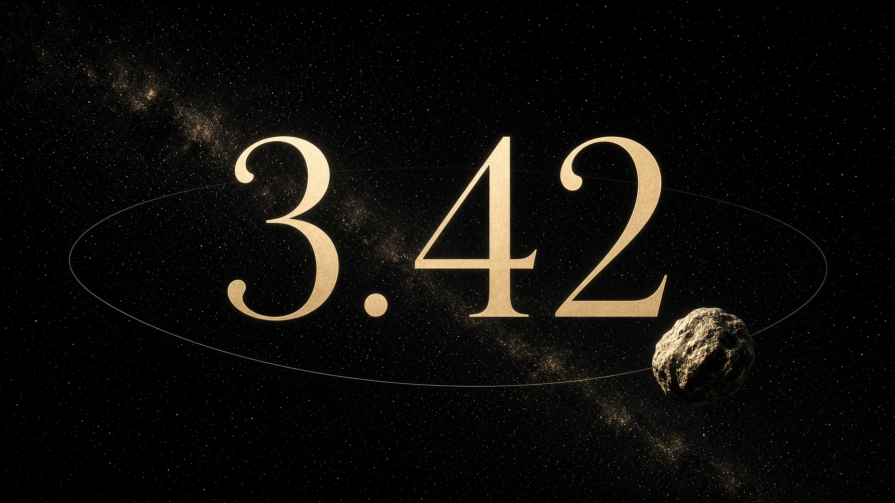 3.42 in champagne gold on a night orbit. A small main-belt rock rides the ring.