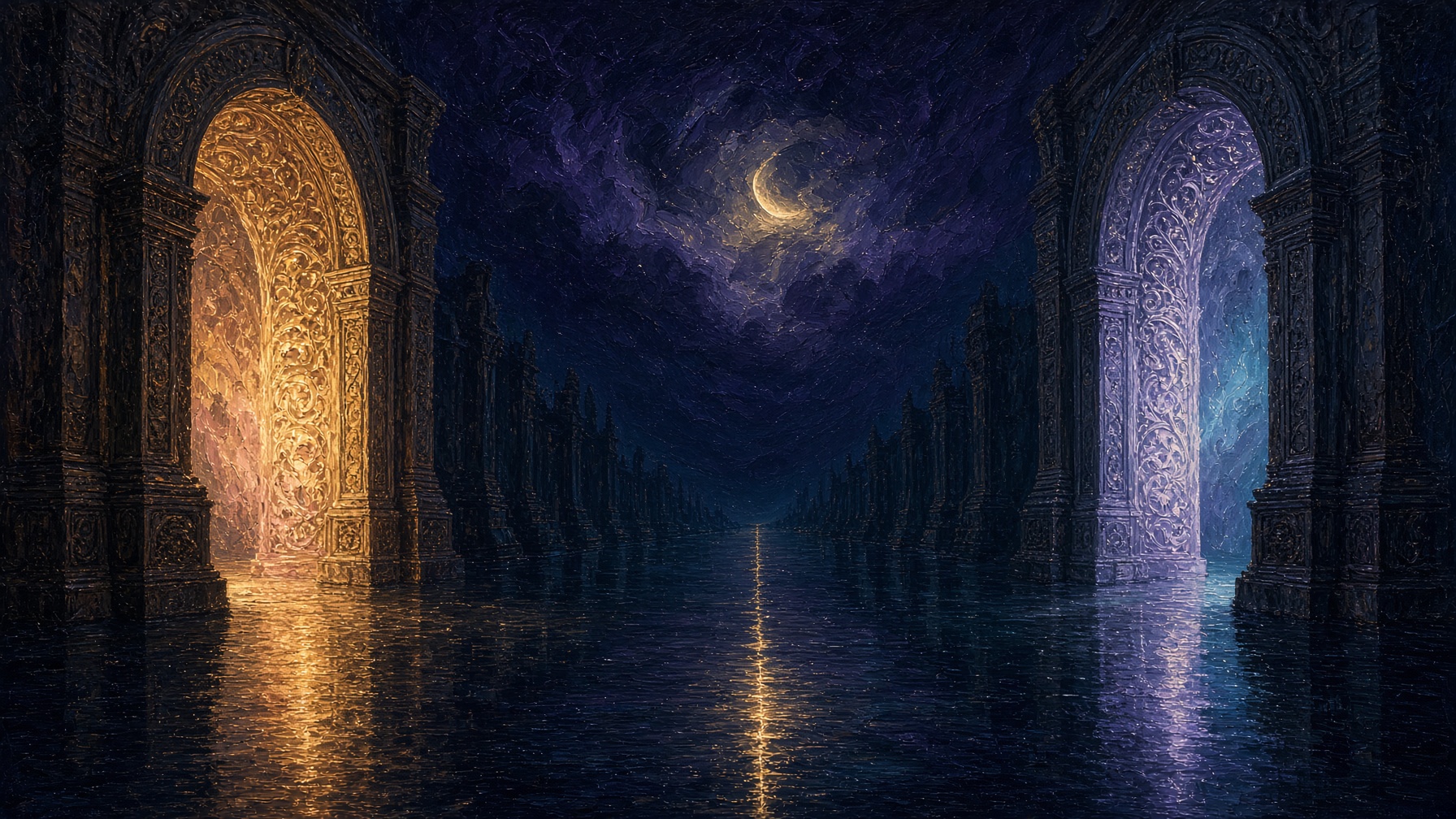 Two night doors facing across a gold axis · Harmonia and Anteros