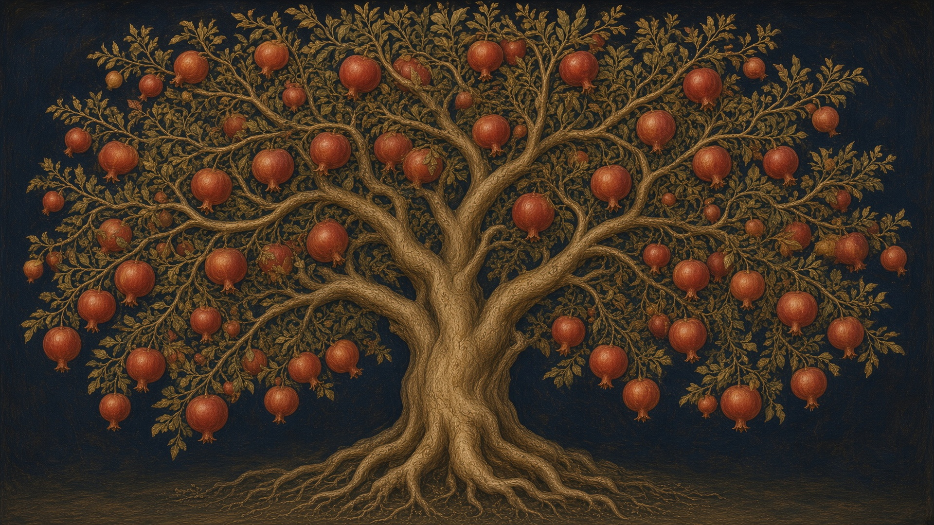 Mythopoesis · not a chart. A night pomegranate tree. The tree is the life. The fruit is what can be eaten.