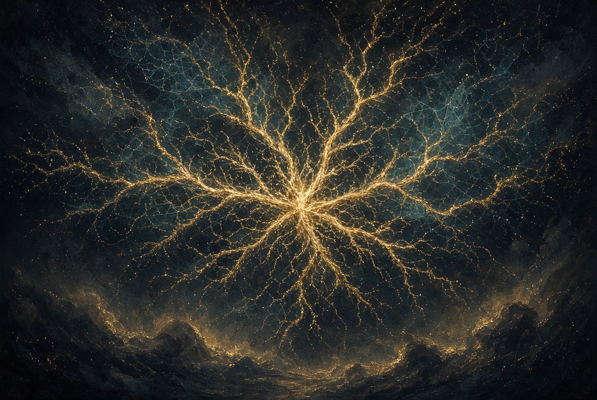 Painterly gold probability tree, branching streams from one bright knot, teal night lattice