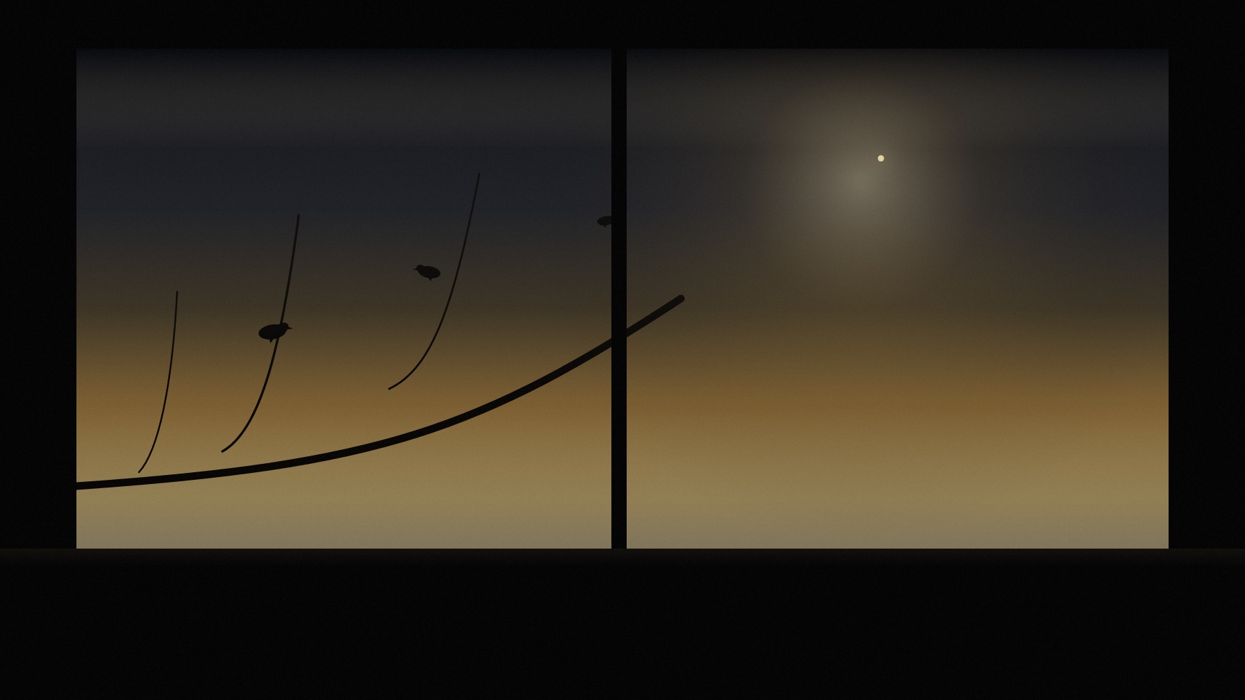 Dawn through a dark window. Small birds. A gold point still in the night.