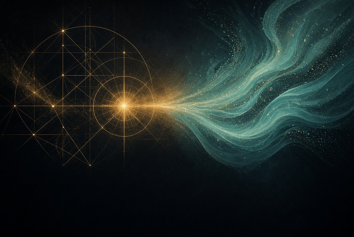 Gold geometric lattice meeting a teal river of light · Being and Becoming on one night field