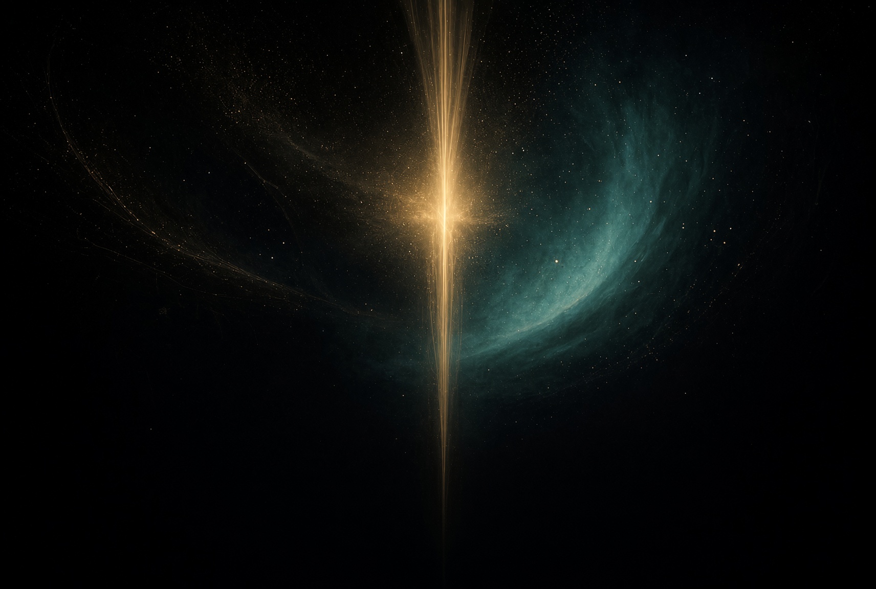 Champagne gold encounter axis on night field, teal nebula awakening, recognition becoming visible, no text in image