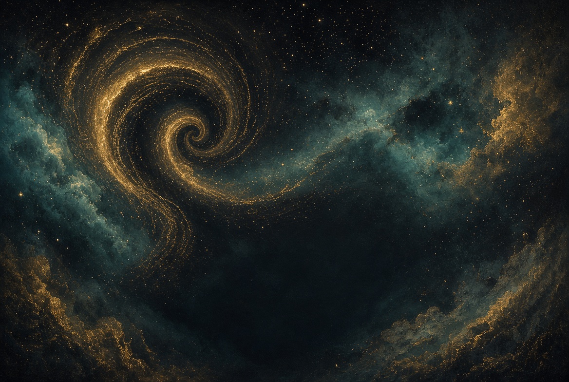Painterly night, gold hearing-rings of starlight over a living cosmos, no chart dump