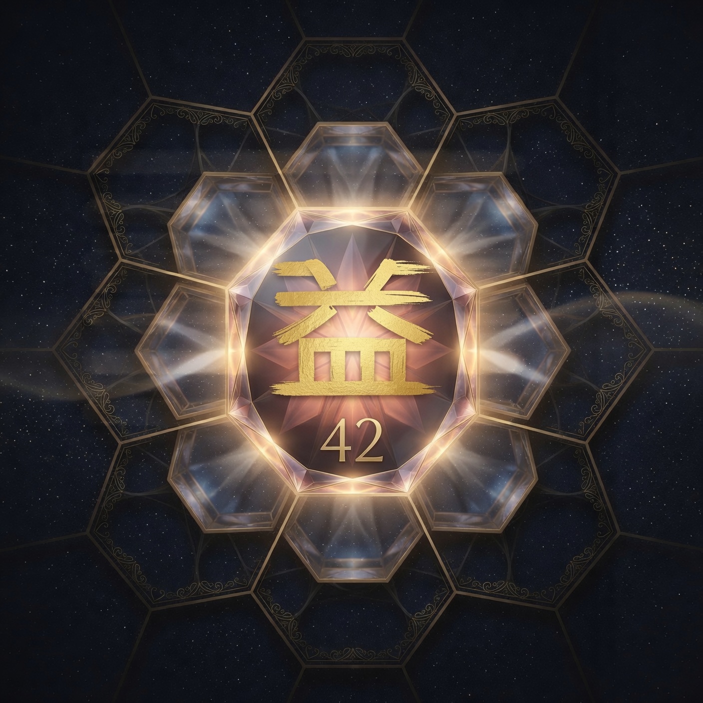 I Ching Hexagram 42 · 益 Yi · Increase, crystal seal, forty-two under night lattice, not a Human Design bodygraph