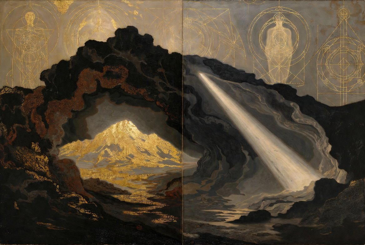 Painterly cave of still gold mountain and cave of clear light ray, two chambers of concentration