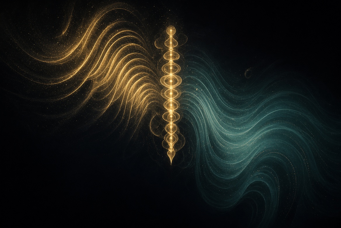 Gold overtone waves rising, teal undertone waves descending, champagne generator spine on night, no text in image