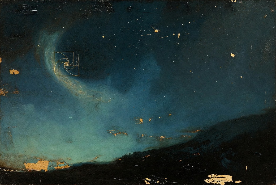 Painterly night, gold spiral of measure and myth, pattern image for three registers