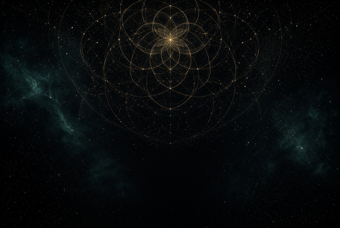 Gold geometric order becoming light in deep teal night · no text
