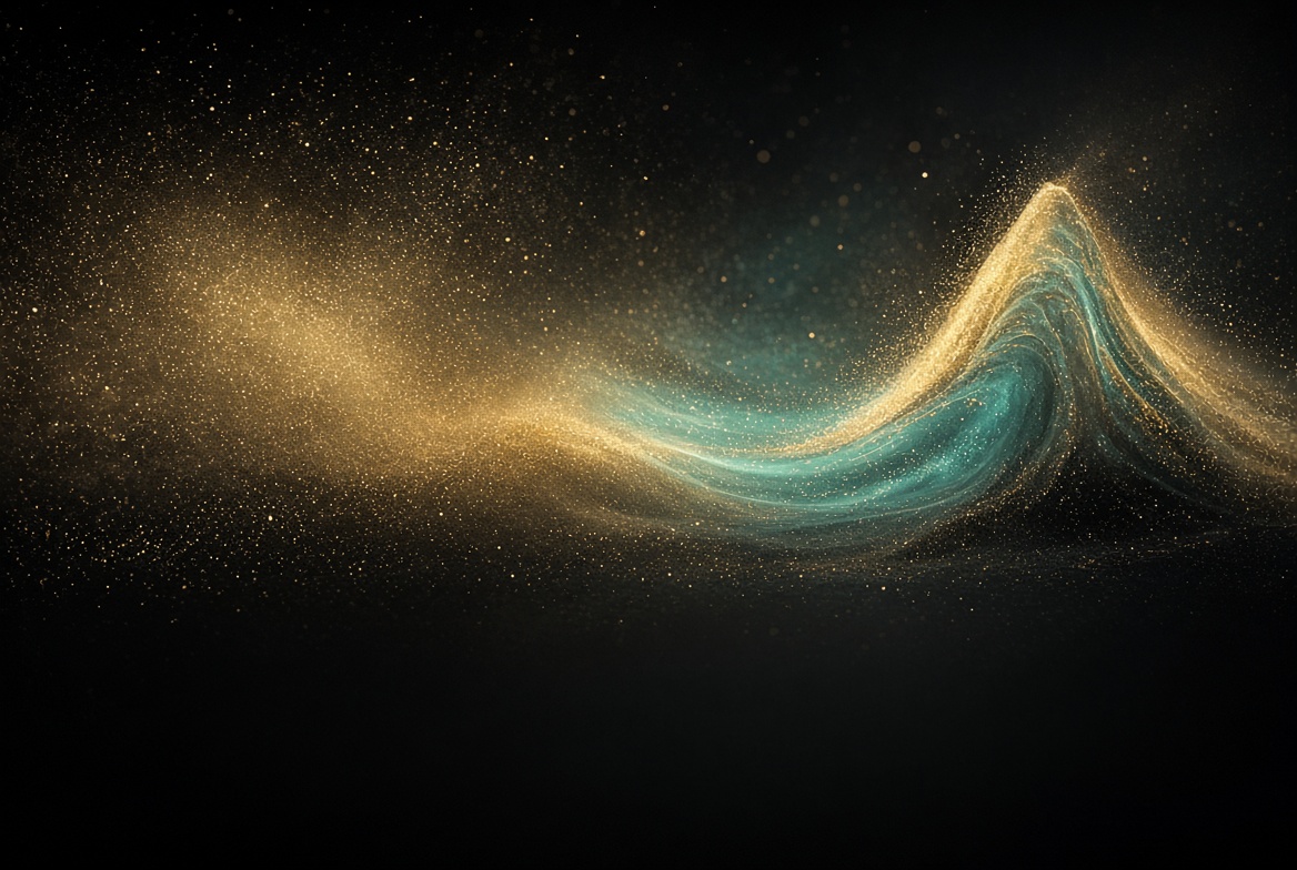 Gold particle wave rising into a teal crest on night field, attention selecting form, no text in image