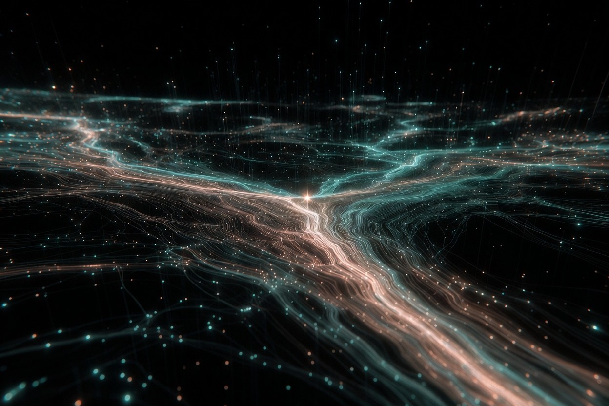 Simulation-style teal and champagne gold probability lattice, branching streams from a central omen light