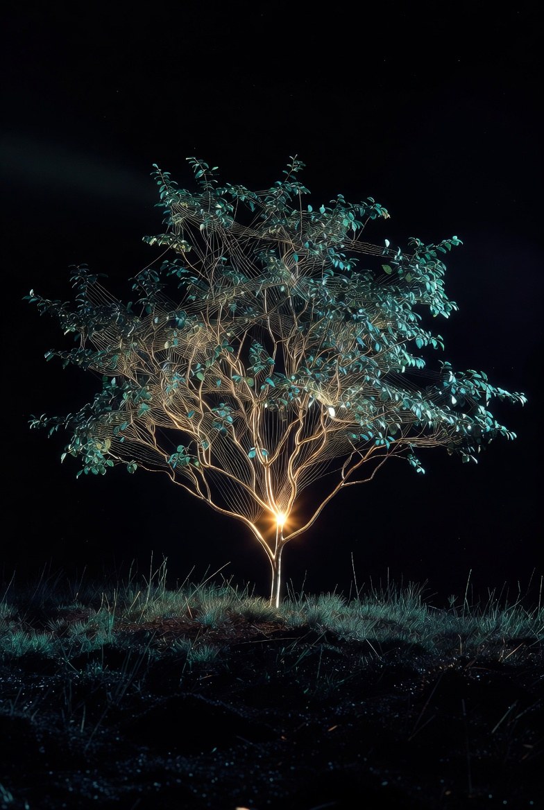 Night tree of gold and teal branches, one limb lit where attention knocks