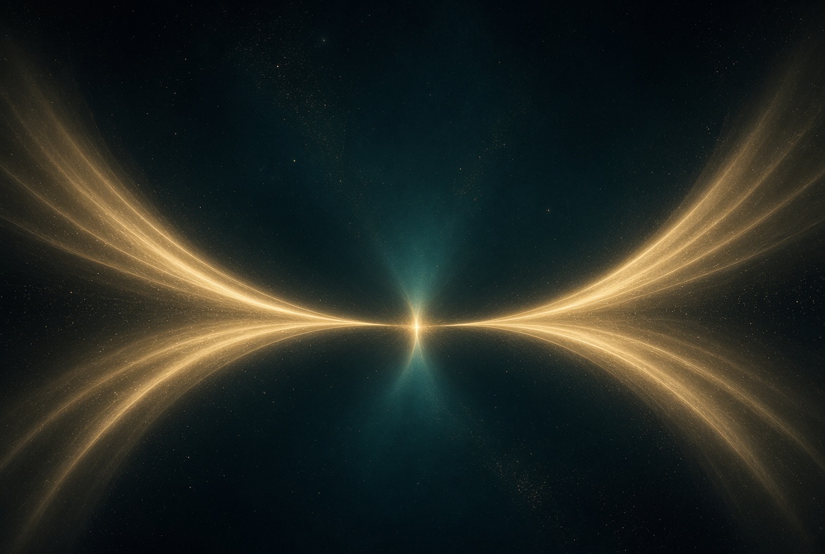 Two gold light arcs meeting in teal night · observer and observed · no text