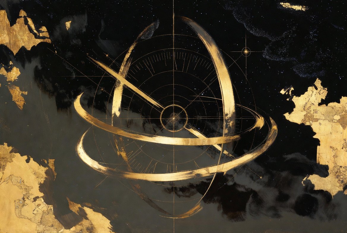 Painterly gold orbital rings and clock arcs on charcoal night, re-runnable measure