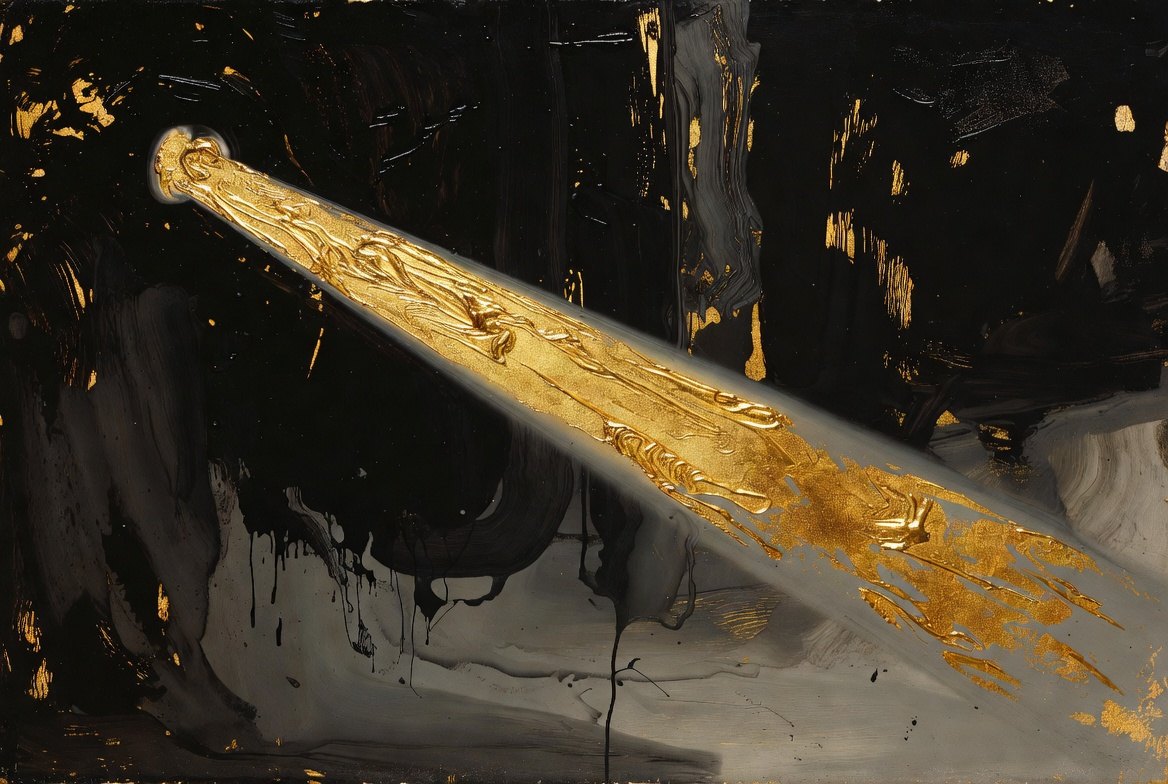 Painterly gold beam of measured light on charcoal, attention as filter