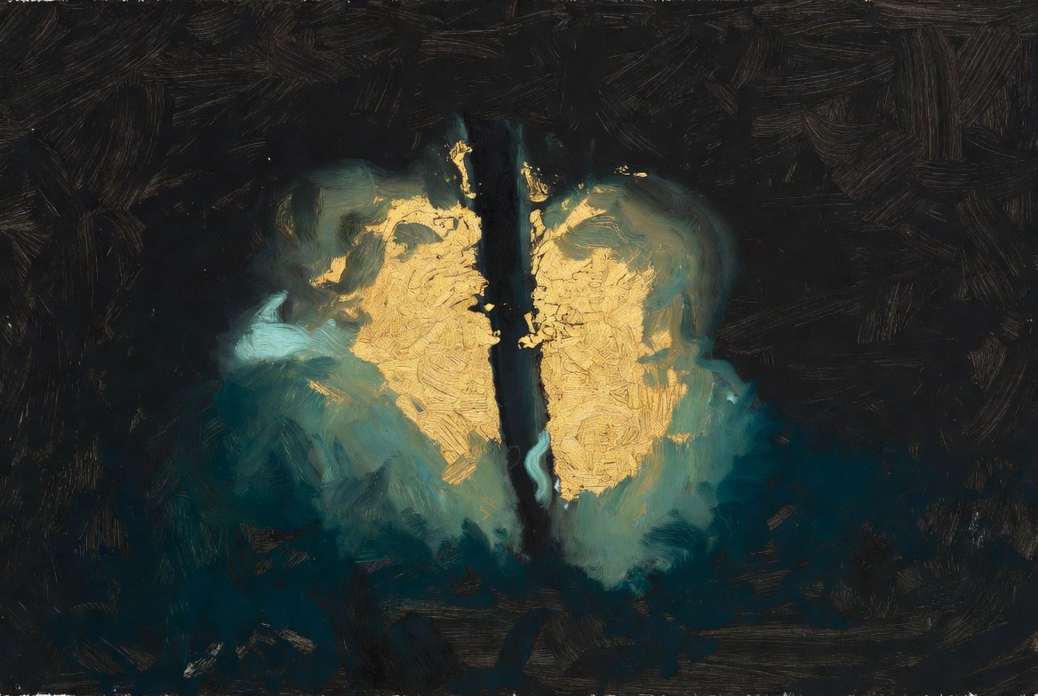 Painterly two gold fields nearly touching across a dark hinge, mutual recognition