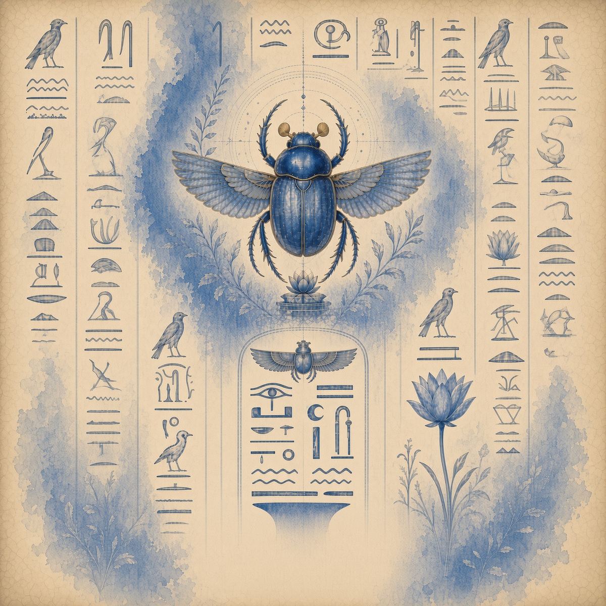 Blue scarab on papyrus · square plate · wings, lotus, hieroglyphs.