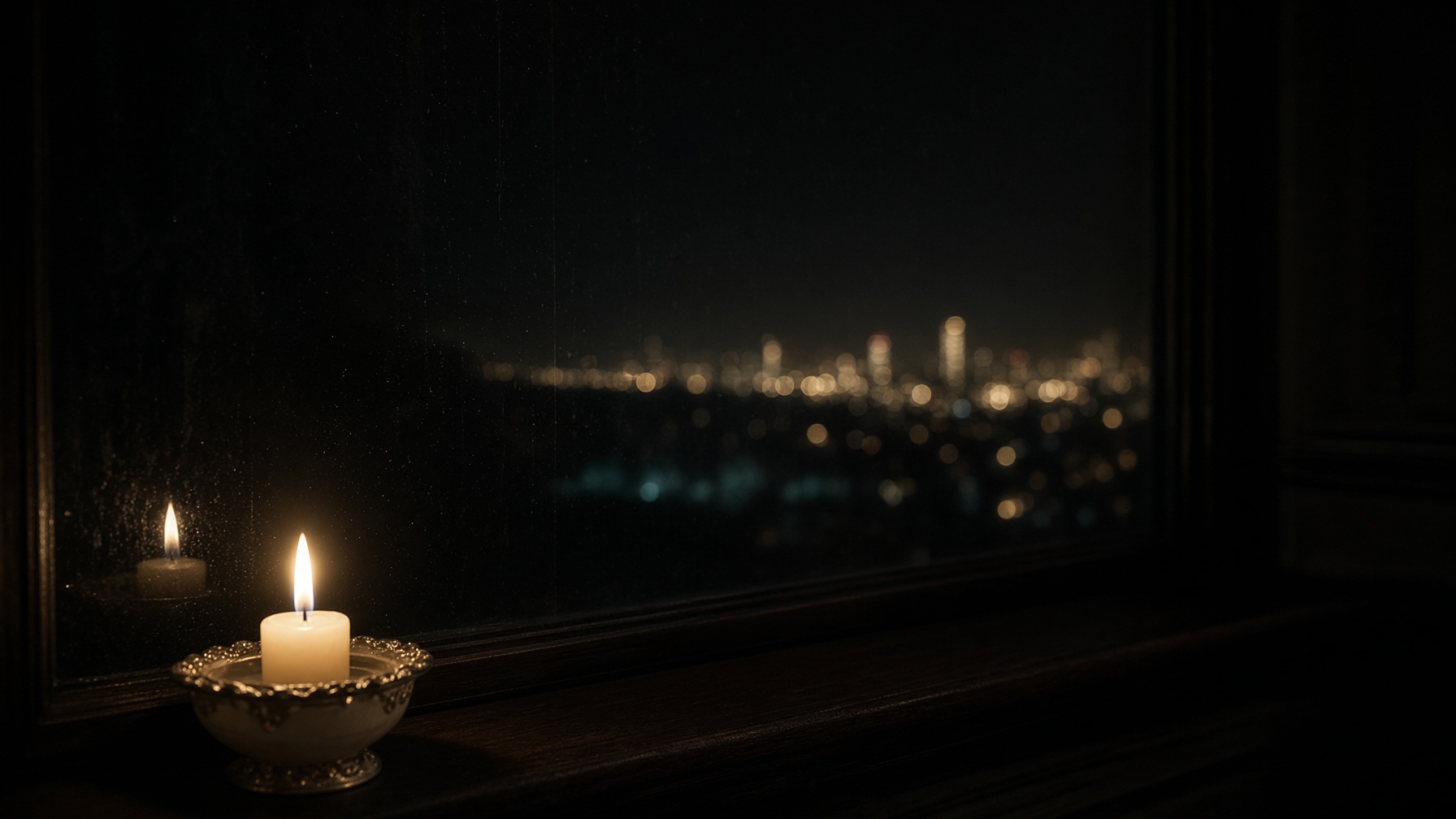 One small flame at a night window. Glass. Dark sky. No one in the frame.