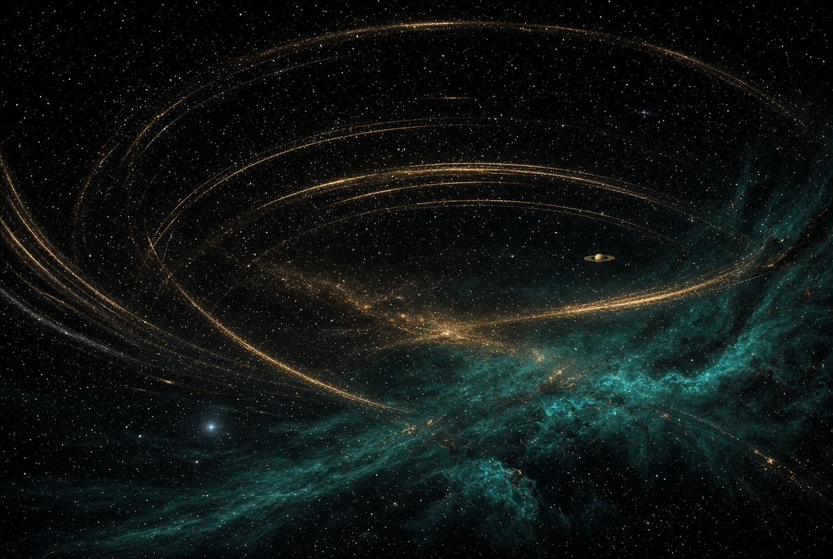 Long orbital arcs of gold over teal nebula · century weather · no text