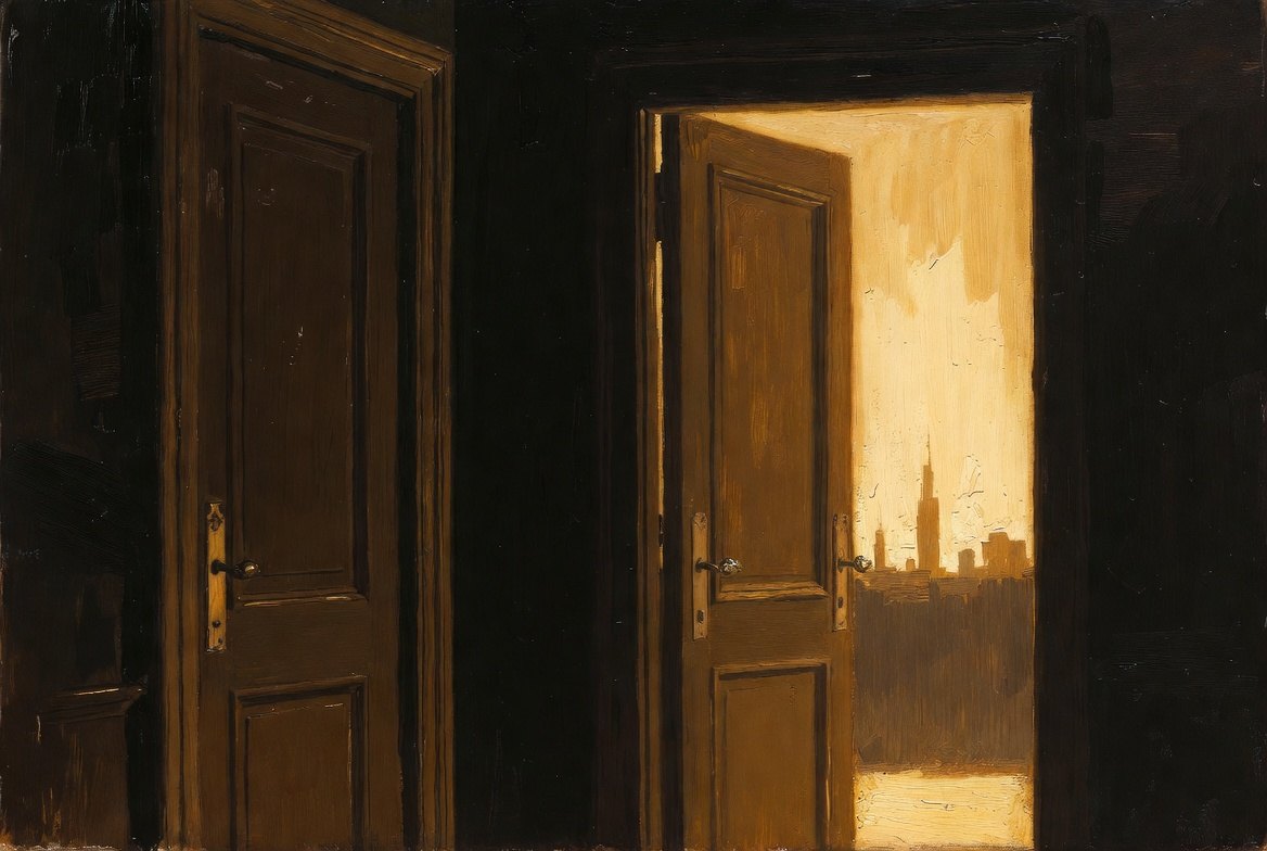 Painterly two adjoining doors ajar on charcoal night, gold light and skyline beyond the threshold
