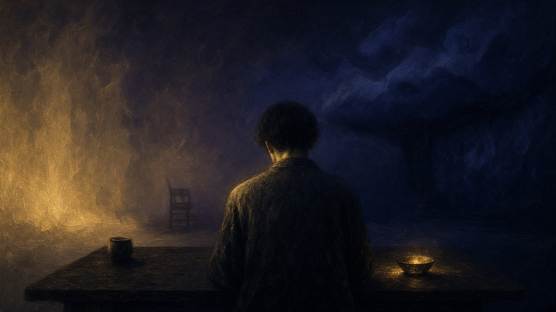 A seated figure at a night table. Weather gathers around the body. No face.