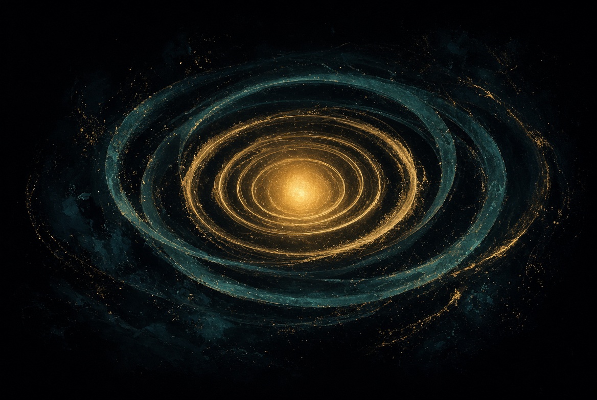 Nested gold orbits, teal outer rings, attractor center on night