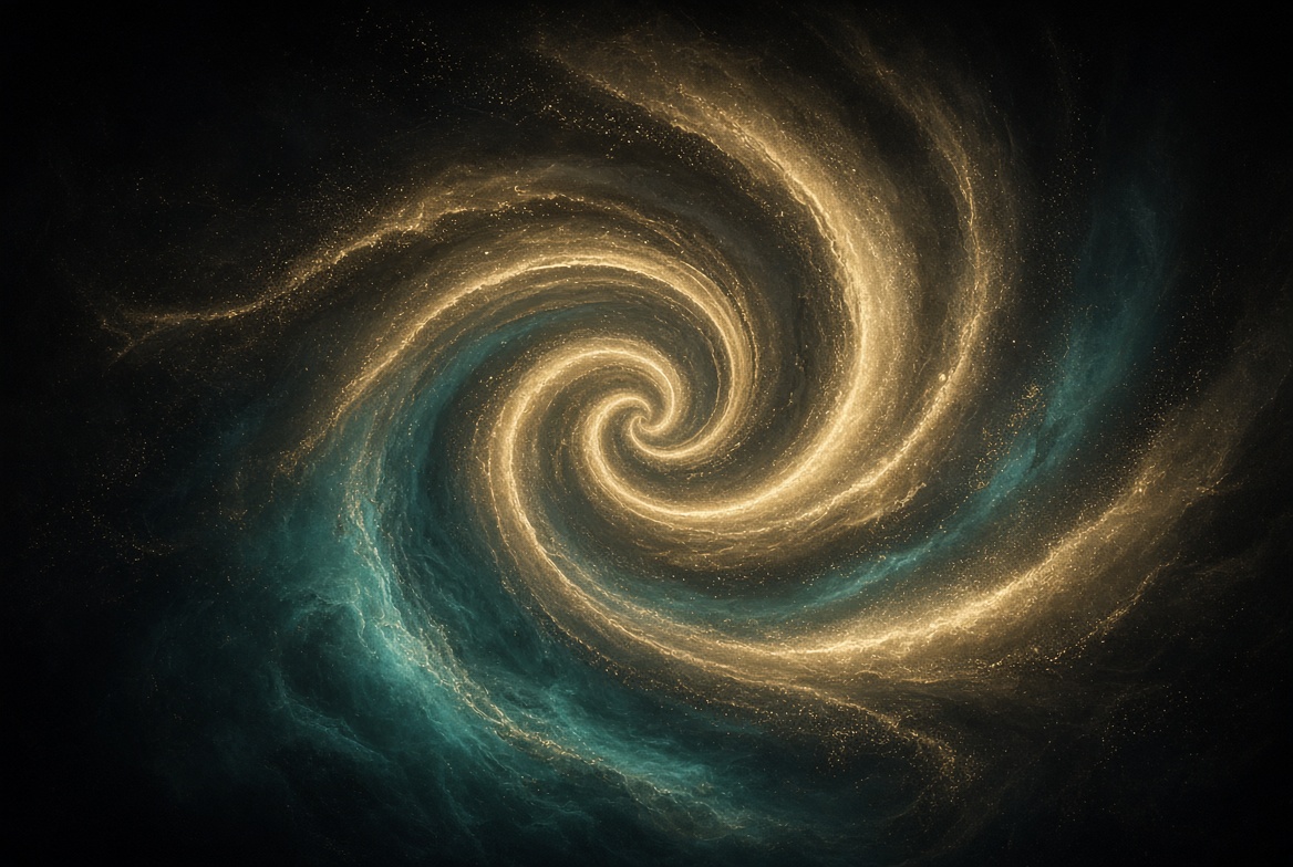 Expanding gold and teal spiral, growth without fragmentation