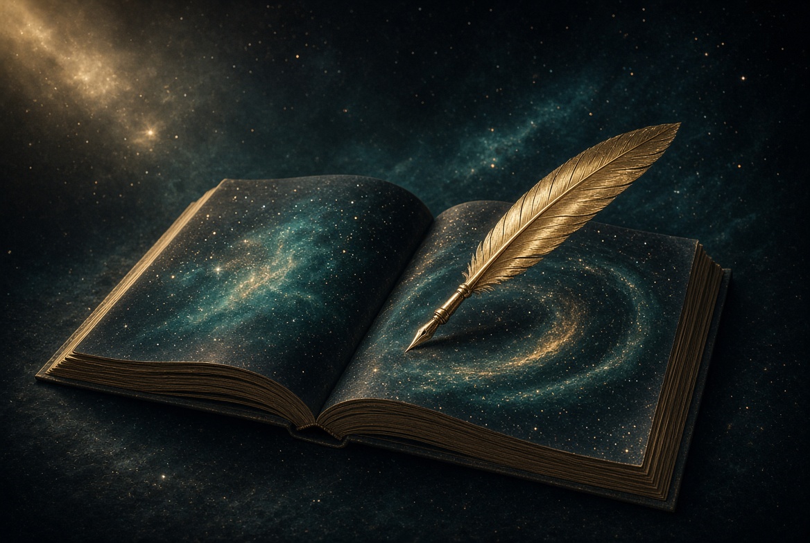 Open book of night sky with champagne-gold quill, co-author invitation on a deep teal cosmos